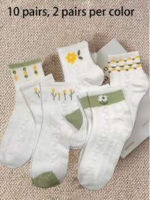 5 Pairs/10pcs Women Cute Green Flower Patterned Comfortable Breathable Crew Socks, Versatile, Fall - Multicolor - View 9