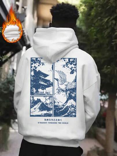  Zrgoth 男士休闲百搭日式风景印花宽松袋鼠口袋连帽衫，秋冬款