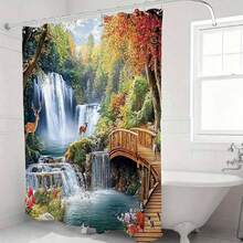 1Pc Stunning Autumn Bridge Lake Shower Curtain, Orange Tree Bridge Lake Scenery Design, Impermeable Polyester Fabric,   Washable With 12 Hooks, Seasonal Bathroom Decor, Perfect For Bathroom, Autumn Enthusiast's Bathroom Gift, Shower Curtain Sets For Bathrooms - 酒紅色 - 查看 4