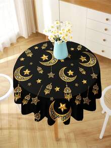 1pc Ramadan Series Printed Tablecloth, Gold Star & Moon Modern Polyester Rectangular/Round Waterproof Tablecloth, Digital Printing Suitable For Living Room, Outdoor Dining, Small Round Table - Black - View 7