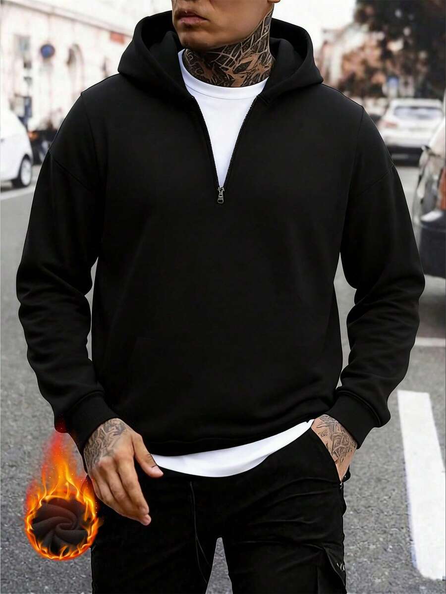 Men's Half-Zip Sweatshirt, Fashion Minimalist Solid Color Velvet Long Sleeve Sweatshirt, Autumn/Winter - Black - View 1