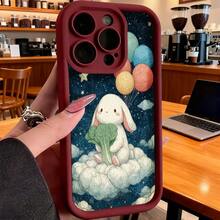 Cubierta de telefono con borde negro estampado conejo blanco con brócoli y globos en cielo estrellado para uso diario y trabajo - Blanco - Ver 4