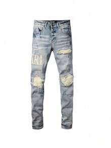 Stitched Embroidered Vintage Slim Fit, Small Leg Pants, Men's Trousers, Ripped Patch Jeans, Men - 8831 - View 2
