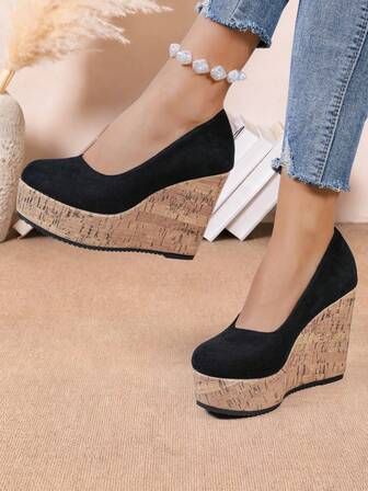 女士黑色楔形鞋，色塊設計，時尚舒適，圓頭厚底平台，高10cm厚底鞋，防水