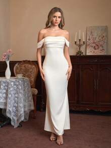 PARTHEA 露肩褶饰缎面优雅连衣裙伴娘礼服 - 杏色 - 查看 3