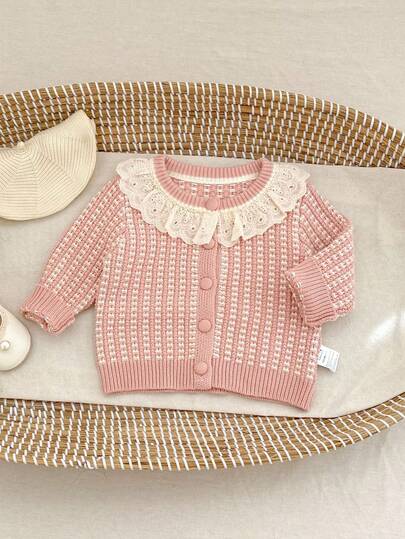 Autumn/Winter New Baby Girl Outfit, Delicate Floral Trim Collar, Cotton Round Neck Contrast Color Knit Cardigan, Sweater Jacket
