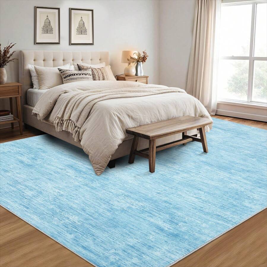 Modern, Machine-Washable Rug With Oil And Stain Resistance/Low Pile Backing, Soft And Foldable For Office/Bedroom/Dining Room Light Blue - Light Blue - View 1