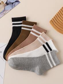 6 Pairs Women's Striped Business & Casual Socks With Elastic Band, Soft, Comfortable, Fashionable & Elegant Mid-Calf Socks For Daily Wear