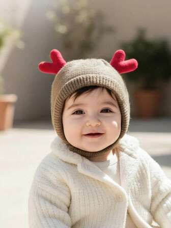 1顶男女通用幼儿驯鹿圣诞帽，可爱大红鹿角，婴儿针织帽，加厚保暖，秋冬季，圣诞快乐