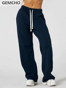 GEMCHO Women's Polyester Sweatpants With Pockets, Knit Fabric With Slight Stretch, Casual Running Pants, Activewear, Suitable For All Seasons - Navy Blue - View 7