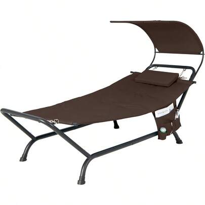 Patio Hanging Chaise Lounge Chair W Canopy Cushion Pillow And Storage Bag Heavy Duty Swing Hammock Bed W Stand For Garden Lawn Backyard Patio Poolside Porch Beige Blue Brown Brown