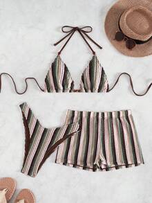 Set de 3 costume de baie drăguțe cu mărgele și legături la spate, material colorat, ținute casual pentru plajă și resort, pentru toate anotimpurile - Multicolor - Vizualizare 2