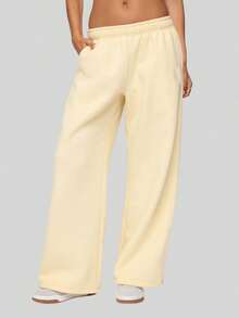Women's Wide Leg Sweatpants Elastic Waist Low Rise Solid Color Pants Causal Lounge Trousers With Pockets Baggy Pants Athletic Jogger Workout Pants Y2k Track Pants Streetwear - 黃色 - 查看 2