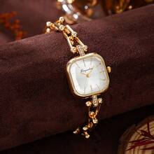 Square Women's Watch, Rose Gold Thick Chain Rhinestone Quartz Wrist Watch, Fashionable Stacking Style Suitable For Outfits - Gold - View 2