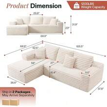 106 Inch Oversized Modular Sectional Sofa For Living Room, Deep Seat L-Shaped Cloud Couch With Plush Corduroy Upholstery, Modern Boneless Design, Tool-Free Assembly, Cream - 奶油 - 查看 3