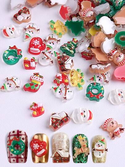 50/20pcs Christmas 3D Cute Nail Art Decorations Resin Santa Claus Snowman Bell Christmas Tree Random Pattern Nail Art Gem Kawaii Winter Christmas Nail Art Decorations DIY Nail Salon Accessories Nail Supplies