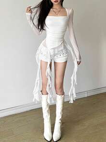 YeonC Mesh Long Sleeve Square Neck Fitted Tassel Patchwork Solid Color Versatile Blouse - White - View 4