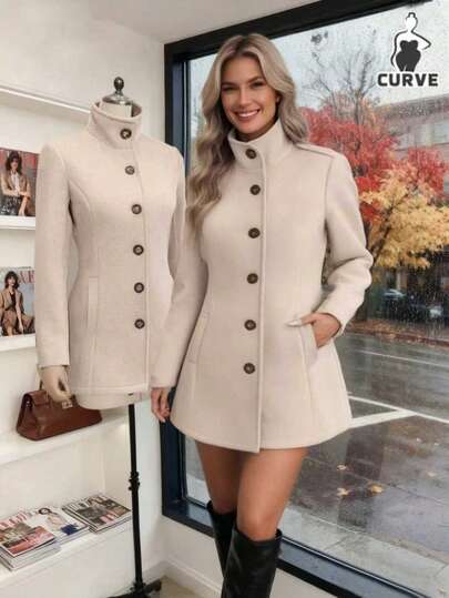 Plus-Size Women's Coat With Waist Bag Detail, Single-Button Design, High Stand-Up Collar, Lapel, Plus-Size Outerwear