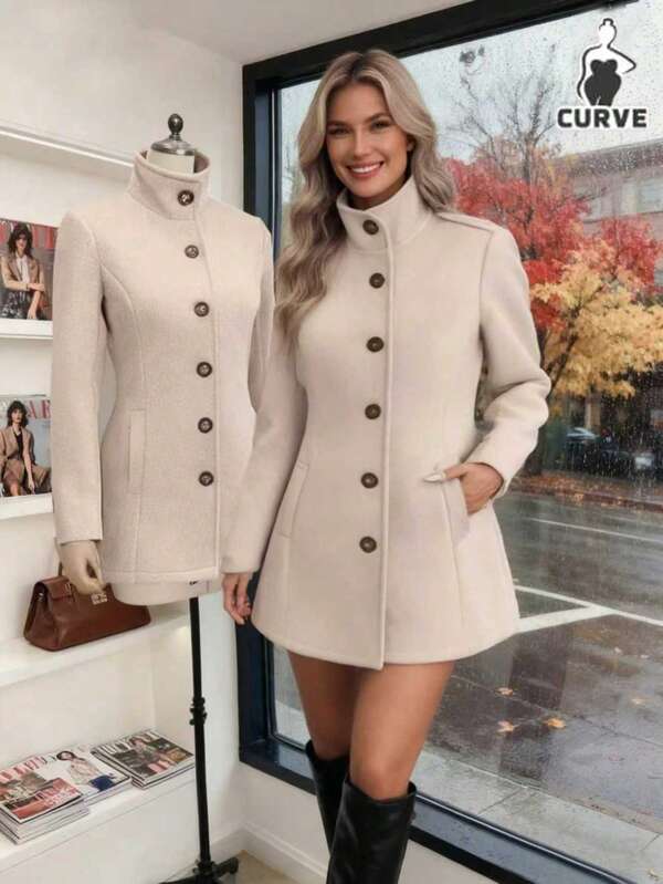 Plus-Size Women's Coat With Waist Bag Detail, Single-Button Design, High Stand-Up Collar, Lapel, Plus-Size Outerwear