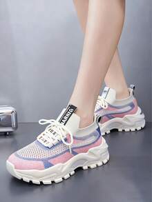 Cómodo y transpirable de malla patchwork de color de moda de las mujeres de fondo grueso zapatos deportivos casuales,punta redonda suela blanda encaje ligero hasta zapatillas de tenis,Cuatro estaciones nuevo zapatillas casual de mujer para hacer deporte, viajar y para el día a día. - Rosa - Ver 3