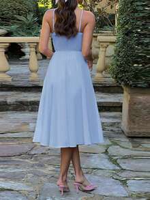 Onicee Women's Winter Dress, Blue Solid Color Belted A-Line Slip Dress, Suitable For Valentine's Day, Dates, Gatherings, Parties, Travel, Vacation, Beach And Other Occasions