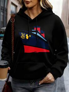 Disney Cruise Ship Mickey Mouse Logo Hoodie Women Black Sweatshirt Casual Pullover Hooded Top Fashion Streetwear OutfitChristmas Party Gift, Ladies Plus Size Sweatshirt - 黑色 - 查看 1