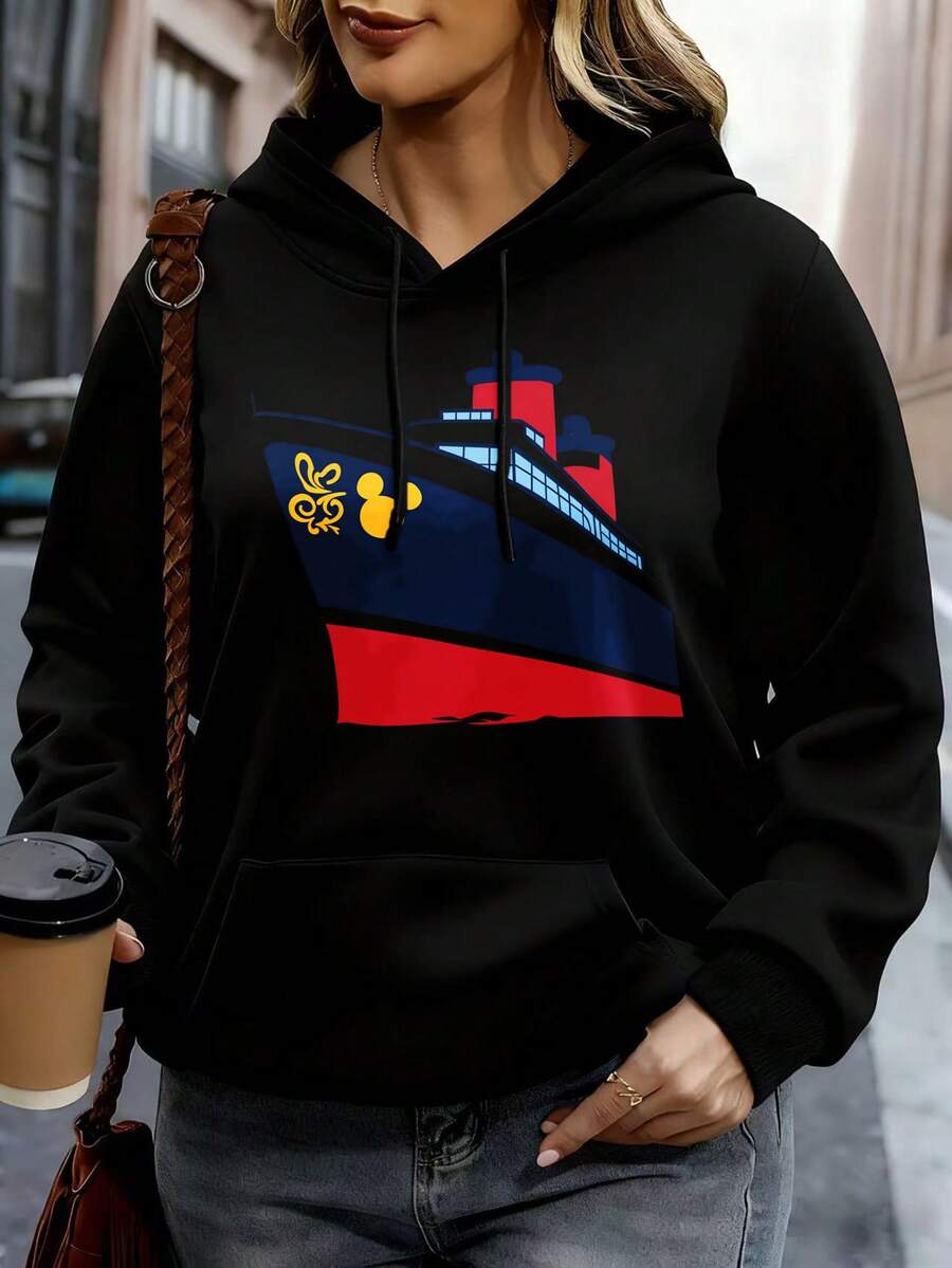 Disney Cruise Ship Mickey Mouse Logo Hoodie Women Black Sweatshirt Casual Pullover Hooded Top Fashion Streetwear OutfitChristmas Party Gift, Ladies Plus Size Sweatshirt - 黑色 - 查看 1