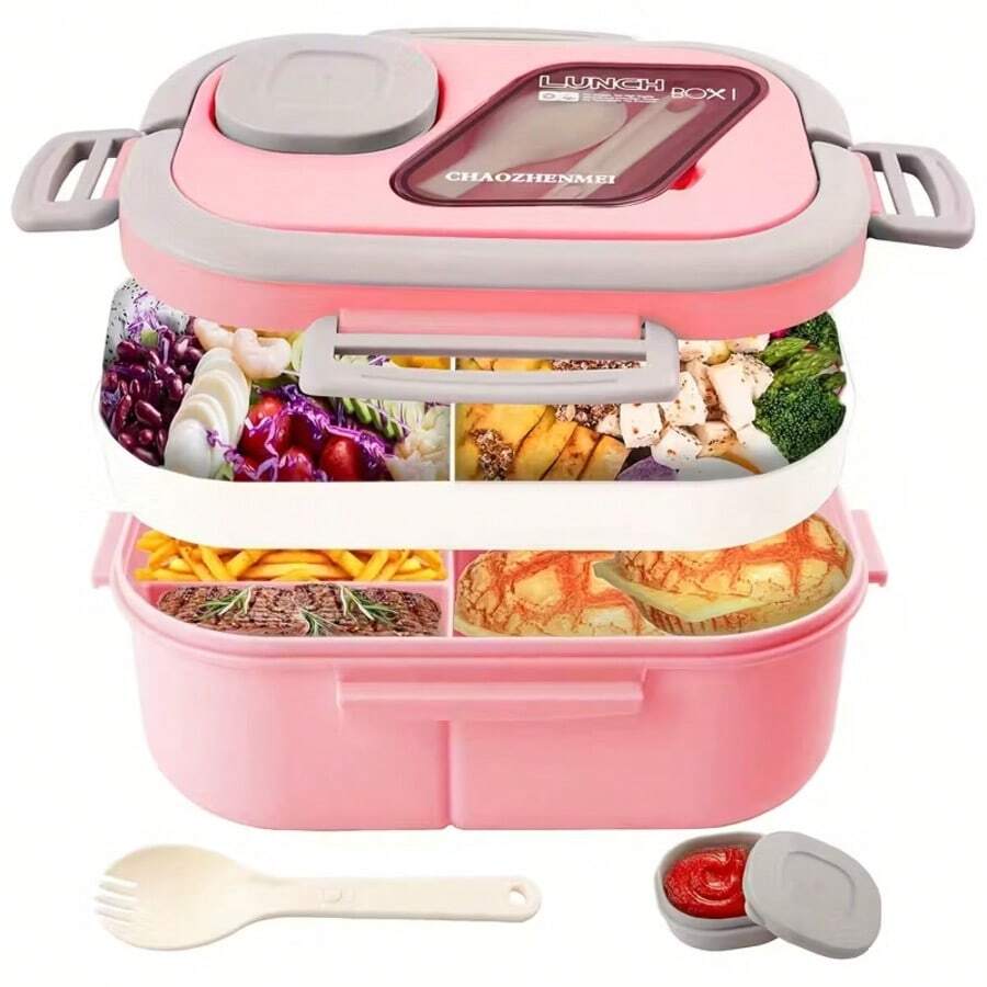 ZTVZTV Double-Layer Multi-Compartment Lunchbox Set/Single Lunchbox. Includes Lunchbox, Cup, And Lunch Bag, Suitable For School, Office, And Outdoor Picnics. | Food Storage Containers | Kitchen Accessories | Lunchbox Set/Single Lunchbox - 1 hộp cơm trưa màu hồng - Xem 1