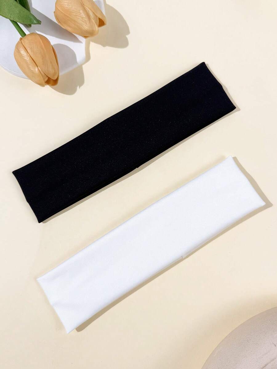 2件套女士运动纯色发带，柔软材质，适合瑜伽、健身、羽毛球等运动，时尚发饰，优雅头巾 - 黑白兩件套 - 查看 1
