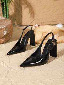 On feet& in love Zapatos planos versátiles con tira en el talón, punta afilada y tacón grueso, elegantes y adecuados para vestidos de mujer - Negro - Ver 5