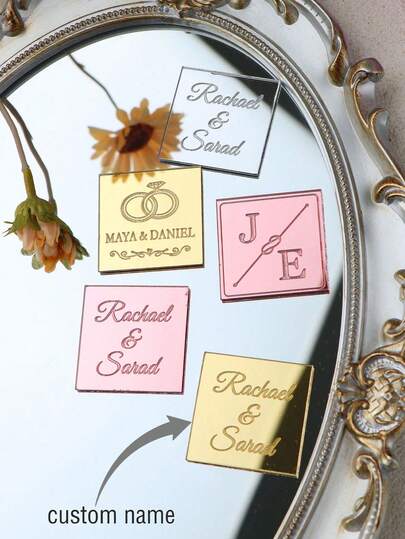 Personalized Square Tag Engraved Gold Mirror Acrylic Wedding Happy Birthday Square Decorative Chocolate Sign Shower Custom Name Guest Gift
