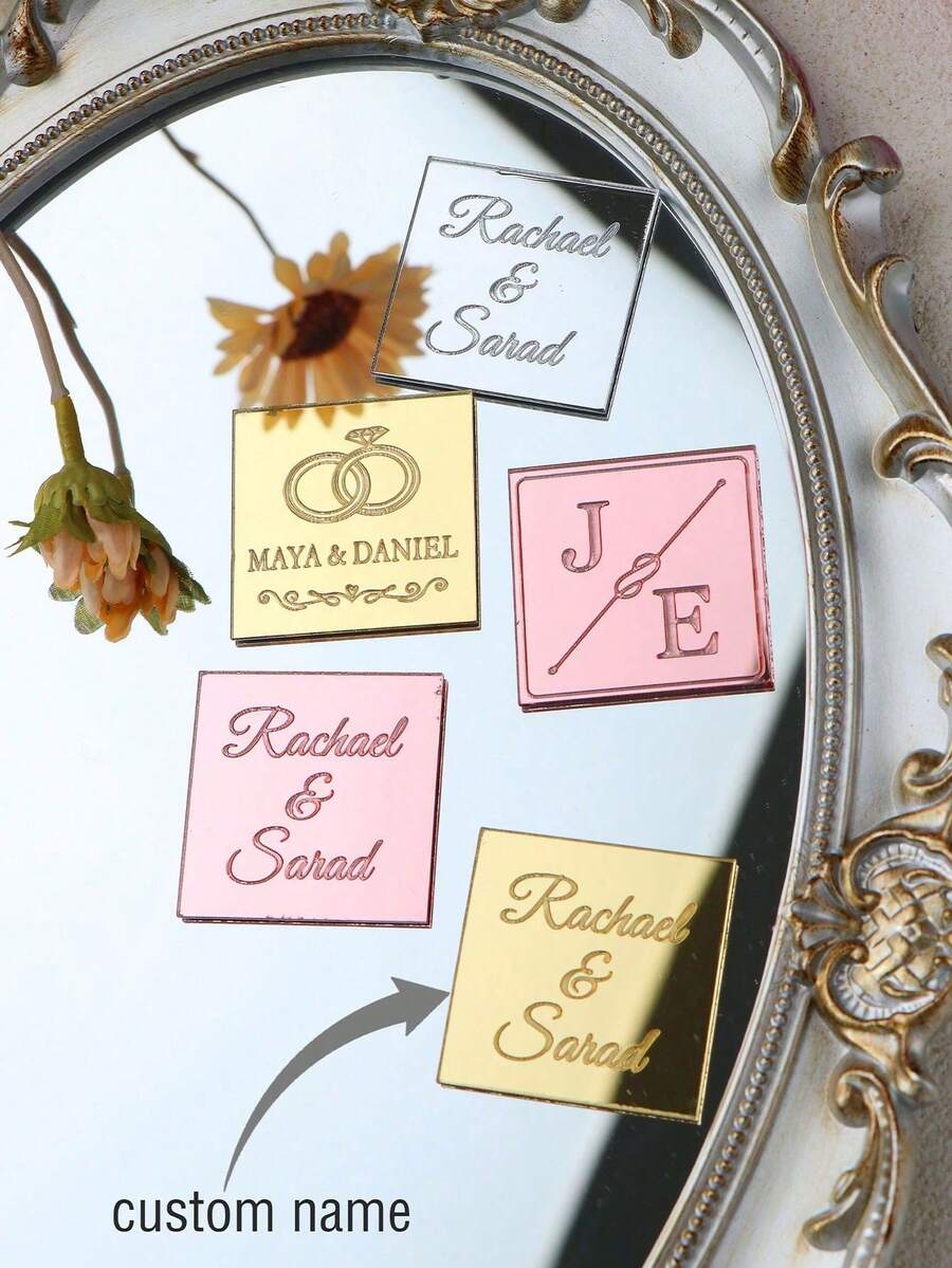 Personalized Square Tag Engraved Gold Mirror Acrylic Wedding Happy Birthday Square Decorative Chocolate Sign Shower Custom Name Guest Gift ,Forever Love - Multicolor - View 1