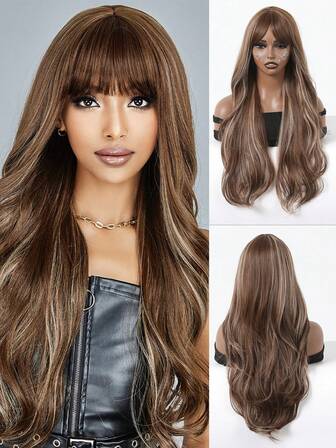 Elegant 24" Brown Wavy Wig With Bangs For Women - Heat Resistant Synthetic Fiber, Comfortable Rose Mesh Cap, Perfect For Daily Wear