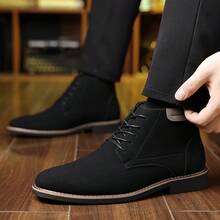 Men's Vintage Solid Color Lace-Up Low Heels Loafers, Breathable And Non-Slip, Daily Essential Men Casual Short Boots For Office And Daily Life, All-Match Party Dress Men Shoes - 黑色 - 查看 3