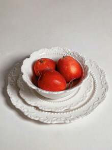 1 set Elegante juego de plato y tazón de cerámica blanca con relieve - Vajilla de estilo vintage ornamentada, perfecta para servir y decoración del hogar, artículos de cocina esenciales de imprescindibles