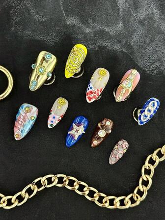 10pcs/Set Press On Nails, Almond-Shaped Nails ,Mediun Nails,Fall Nails,Cute Style,Multicolor Nails,Chrome French Tip Nails Y2k Nails ,Colour Tie Dye Hand-Painted Polka Dot 3 D Diamond Star Nail Art,Detachable, Suitable For Party, Dance, Daily Wear, Student Party, Office Worker Cosplay, Press-On And Reusable, With Jelly Glue And Nail File Nail Supplies