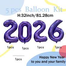 每套5个。32英寸气球，印有数字2026，紫色聚乙烯薄膜气球，生日派对装饰，适用于生日、毕业典礼、新年派对、家庭聚会和节日装饰。 - 彩色 - 查看 4