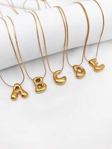 1件夏季百搭粗链3D字母吊坠不锈钢蛇骨链项链，不对称字母设计，女士款 - 金黃色 - 查看 3