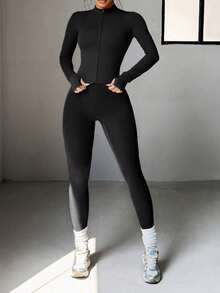 Aoqta Sports 女款休閒兩件套，長袖拉鍊立領上衣與高腰收腹運動褲，適合瑜珈、跑步、日常穿著 - 黑色 - 查看 6