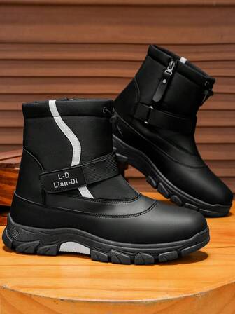 Men's Snow Boots, New Winter High-Top Thick Fur Lining Warm Boots, Thick Sole Anti-Slip Leather Boots, Outdoor Hiking Shoes With Rotating Button Design, Classic Mid-Calf Fur Collar Outdoor Anti-Slip Cold-Resistant Boots For Men, Suitable For Freezing Workplaces And Snowy Environments