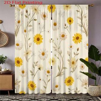2pcs 2D Flat Printed Curtains, Yellow White Daisy Flower Pattern Printed Curtains, Polyester Fabric Curtains, Home Decoration Style Living Room, Bedroom Effect Bedroom Study Window Kitchen Courtyard Durable Fabric