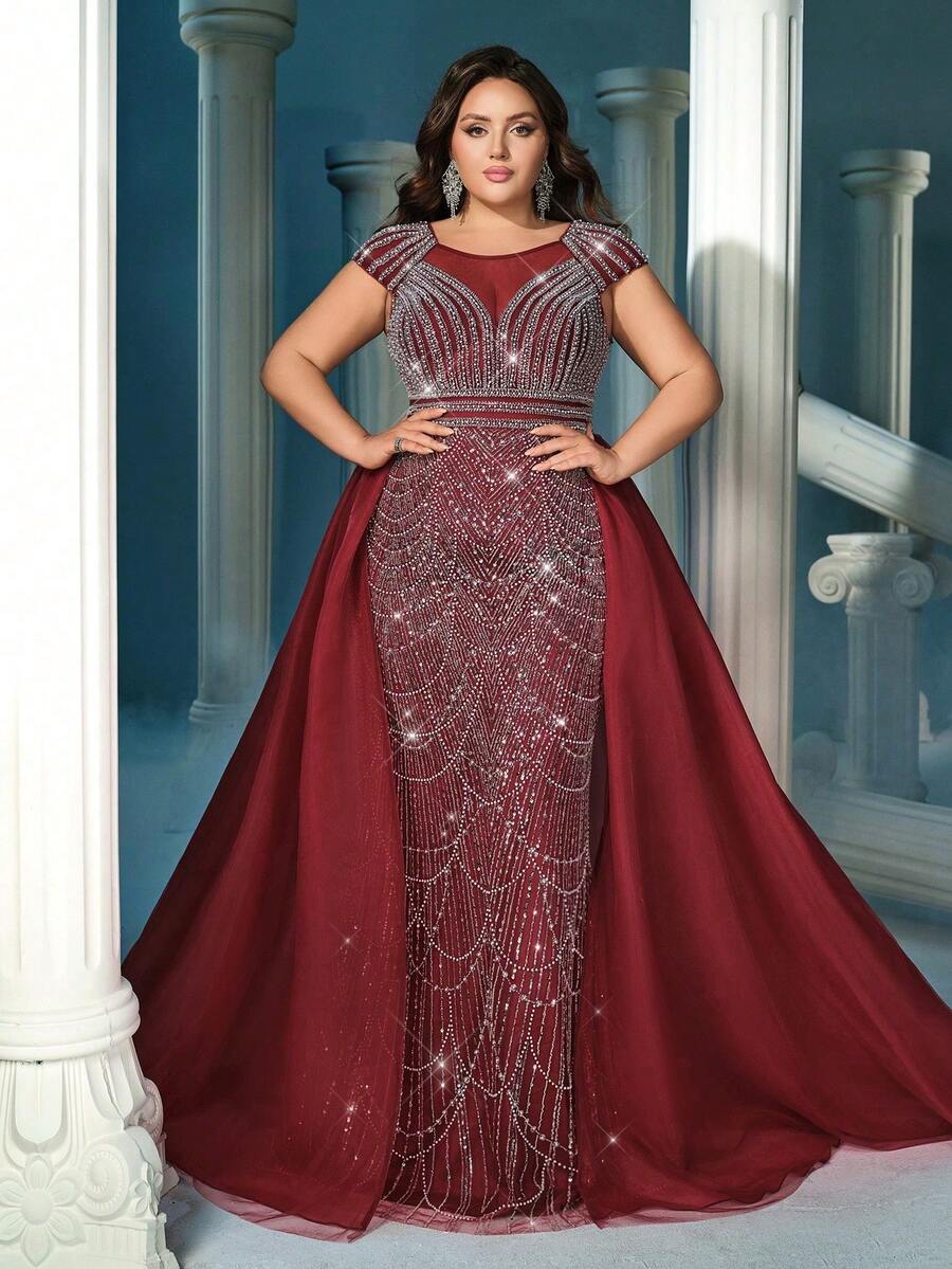 Đầm Maxi dự tiệc cổ tròn tay lỡ thanh lịch dành cho nữ, đính sequin tương phản và chi tiết lưới, khóa kéo - Màu Đỏ Sâu - Xem 1