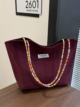 1pc Women's Tote Bag, Casual & Versatile, Suede-Like Fabric, Stylish Shoulder Strap, Fashion Handbag, Autumn/Winter New, Suitable For School, Books, Shopping, Leisure