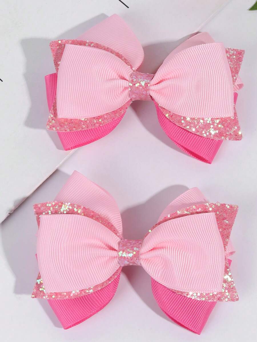 2pcs/Set Girls' Pink Satin Bow Hair Clips, Girls' Hair Accessories, Alligator Clips, Casual Sweet Cute Bow Hair Clips, Shiny Bow Hair Clips, Daily Hair Accessories - Multicolor - View 1