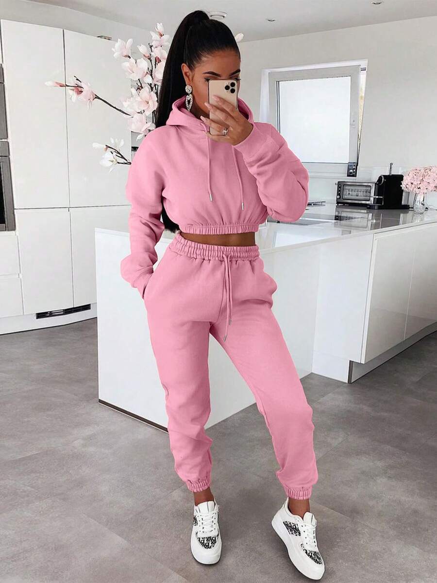 2pcs Women's Casual Solid Color Thermal Lined Hoodie Sweatshirt And Skinny Sports Pants Tracksuit Set, Autumn Winter Pink - Pink - View 1