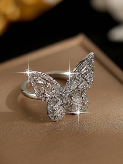 1pc Exquisite Butterfly Shape Women Single Rings Versatile Cubic Zirconia Wedding Ring For Girlfriend Classmate Daily Decoration Engagement Dating Christmas Gift