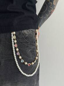 1 pieza Cadena de cintura con decoración de flor de perla falsa y cristal, accesorio de cadena corporal unisex de moda, adecuado para Halloween, escuela, otoño/invierno, casual, al aire libre, deportes, vacaciones, regalo de graduación, cumpleaños, uso diario