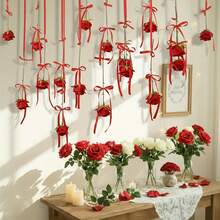 10pcs Artificial Rose Flower Hanging Decor, With Ribbon Bow & Hook, Wedding Ceremony Backdrop Decoration, Valentine's Day Party Floral Wreath - Multicolor - View 4