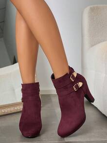 Botas de tobillo de ante versátiles para mujer, tacón grueso de tacón alto, adecuadas para ir al trabajo, fiestas, citas, otoño/invierno, tacones de plataforma - Burdeos - Ver 5