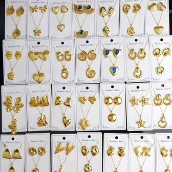 6件套复古精致金色不锈钢心形、水滴、树叶等项链、耳环，液压套装，适合女性日常佩戴、送礼、婚礼佩戴